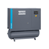 Thumbnail of Atlas Copco GA22FF industrial air compressor with integrated dryer, featuring a sleek grey design with blue accents and a prominent control panel, mounted on a horizontal tank for efficient compressed air solutions.
